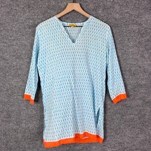 Roberta Roller rabbit Tunic Top 3/4 Sleeve XS Geometric Print Blue Orange Trim‎